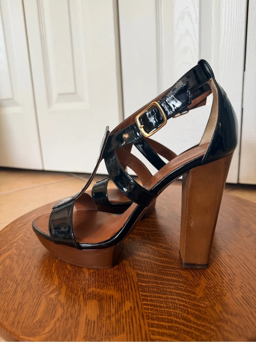 Bettye Muller Retro Black Patent Platform Sandals with Wood-Effect Block 4” Heel